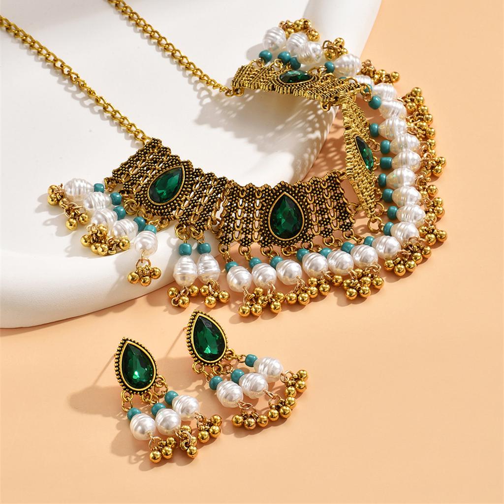 Woman Green Crystal Stone Jewelry Sets Simulated Pearl Beads Necklace Vintage Earrings