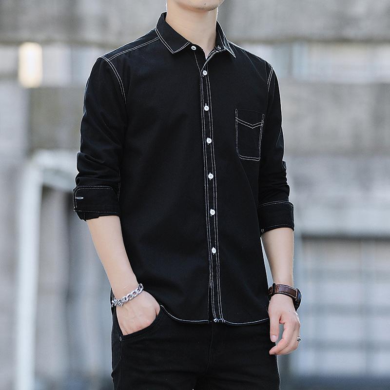 Men s Black Contrast Stitch Long Sleeve Button Shirt - Oversized Casual Denim Shirt with Pocket 38 чёрный