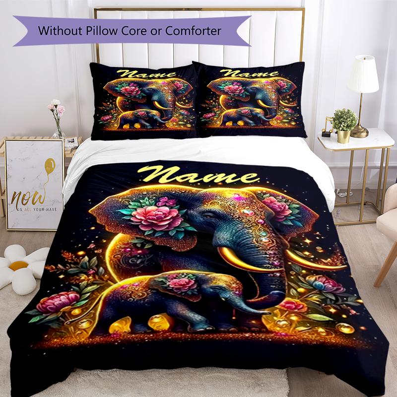 3pcs Custom Name Elephant Bedding Set Duvet Cover Closure Includes 1 Duvet Cover & 2 Pillowcases, Soft and Comfortable for All Seasons.