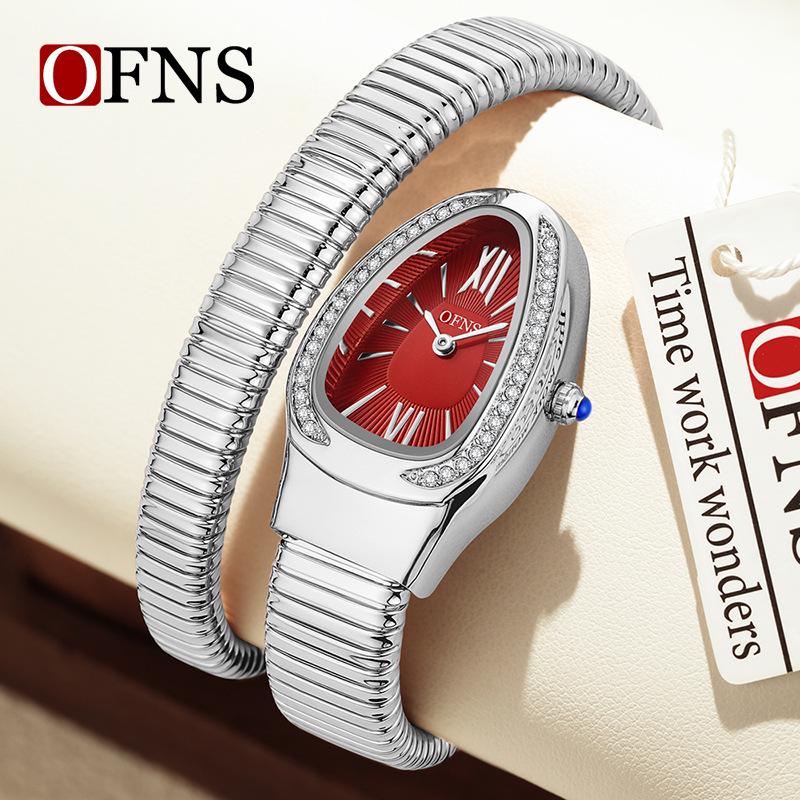 SANDA Women's Luxury Snake Head Bracelet Watch with Roman Mother-of-Pearl Dial, Diamond Accents, English Two-Hand, 30M Water Resistant.