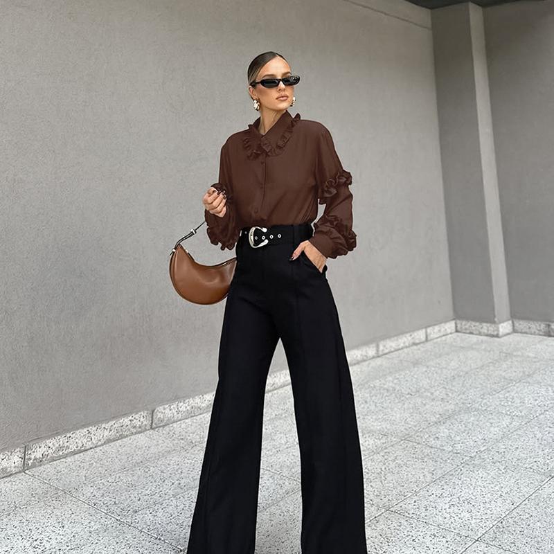 Spring Autumn Fashion Women's Cotton Blouse Long Sleeve Lantern Sleeve Ruffle Accent Loose Fit Chic Top Elegant Everyday Shirt