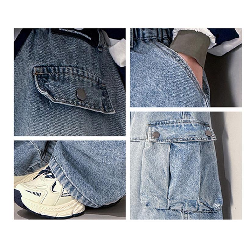 Jeans Cargo Larghi da Lavoro Pesanti di Alta Qualità per Ragazzi Adolescenti Vestibilità Larga Tasche Pantaloni in Denim Bambini Pre-adolescenti Moda Jeans Pantaloni