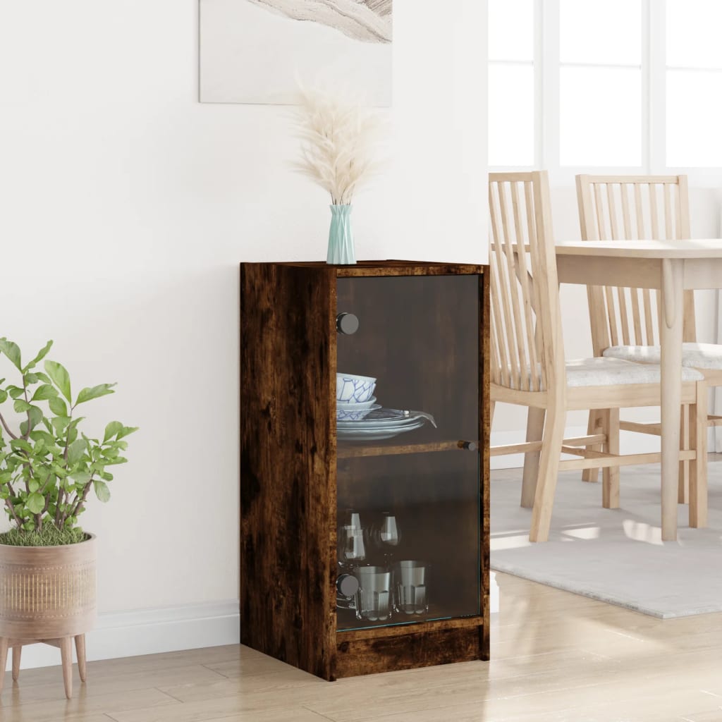 Vidaxl Cabinet With Glass Doors, Smoked Oak, 35X37X75.5 Cm