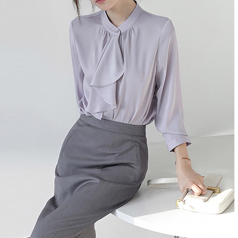 Elegant French Ribbon Blouse - Women's New Autumn Design, Chic Long-Sleeved Top for Gentle Temperament and Commuting Style.