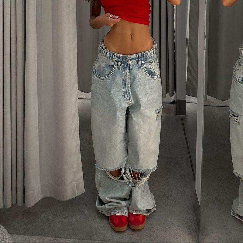 

Ripped Jeans for Women, Summer Thin Style, 2024 New Model, Slimming High-Waisted, Vintage Trendy Ins Straight Wide-Leg Pants Sky Blue S