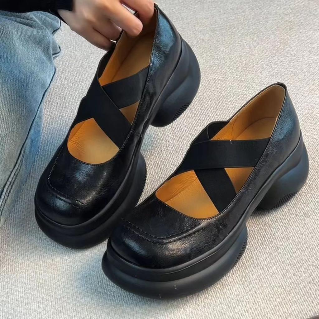 Light and Soft Series~ Huge Comfort~ New Leather Single Shoes Women's Small Thick-soled Mary Jane Shoes Cross-strap Leather Shoes