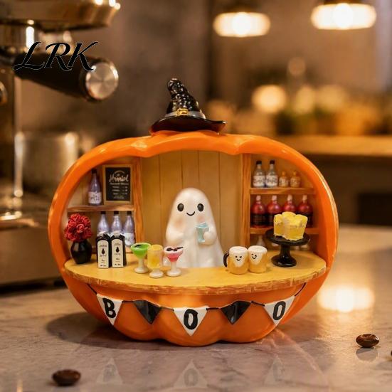 Miniature Ghost Bartender Figurine Pumpkin Figurine, Halloween Mini Bar Scene Coffee Atmosphere Light Decoration for Living Room, Entryway,
