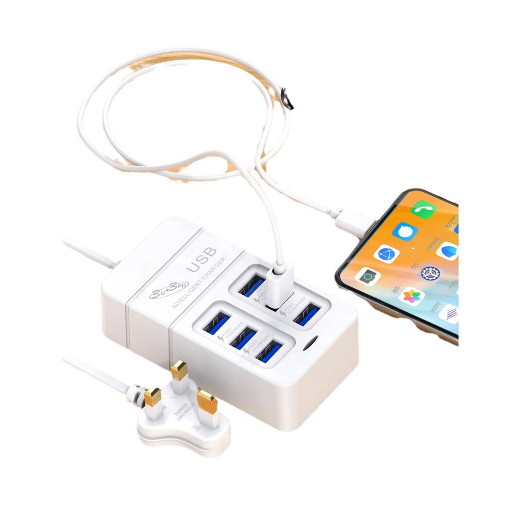35W Multi-Port Power Strip Charger with 3 PD & 3 USB, 6 Sockets, and 3A Fast Charging