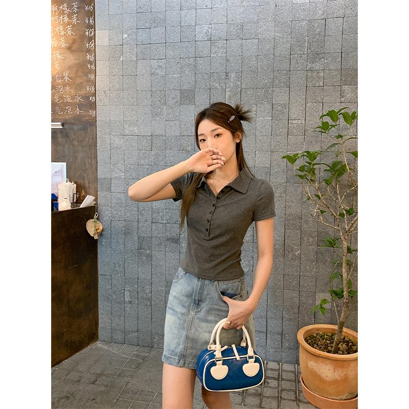 Korean College Style Polo Lapel Short Sleeve T-Shirt Women's Spring and Summer New American Front Shoulder Skinny Top