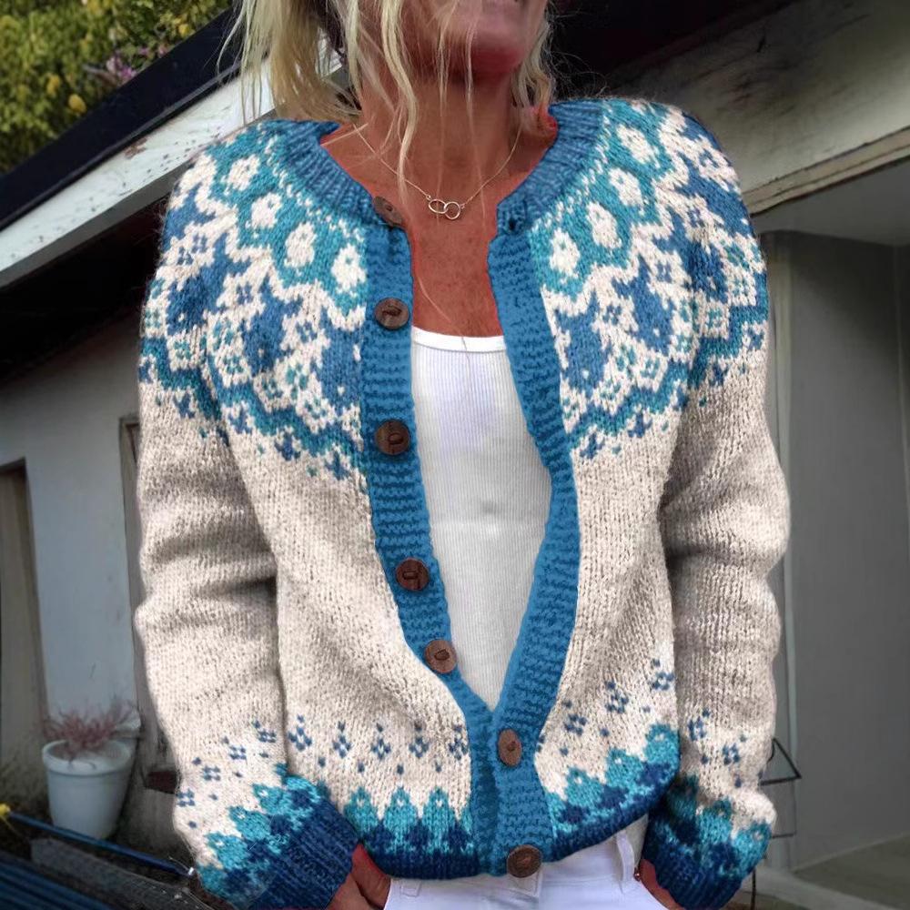 Women's Pink V-Neck Knit Cardigan with Jacquard Floral Pattern