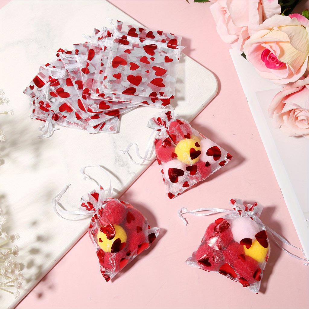 50pcs Valentine'S Day Organza Candy Bags,Red Heart-Shaped Mesh Jewelry Pouches with Drawstring Closure,Perfect for Wedding