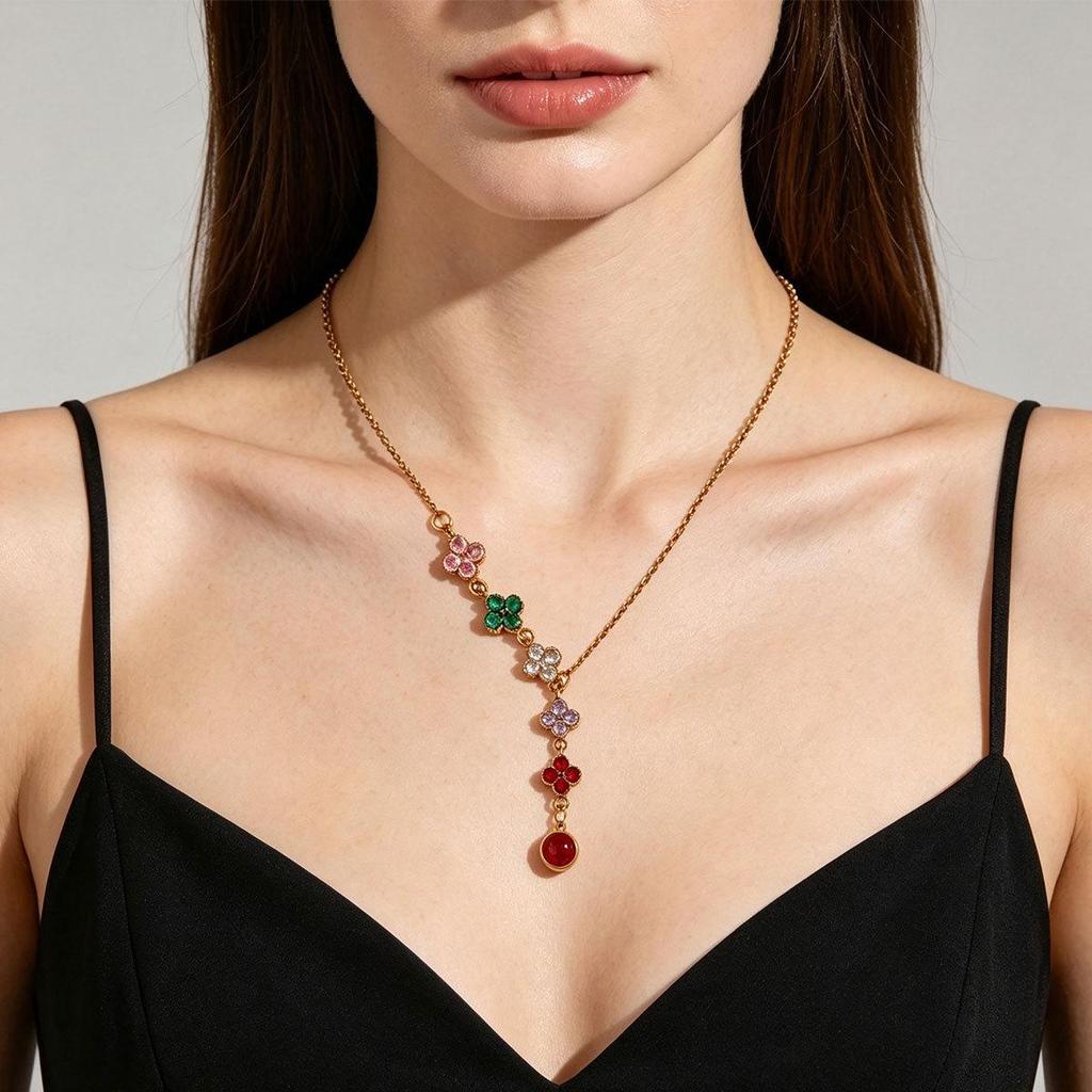 French Retro Titanium Steel Four-Leaf Clover Pendant Necklace with Colored Zirconia