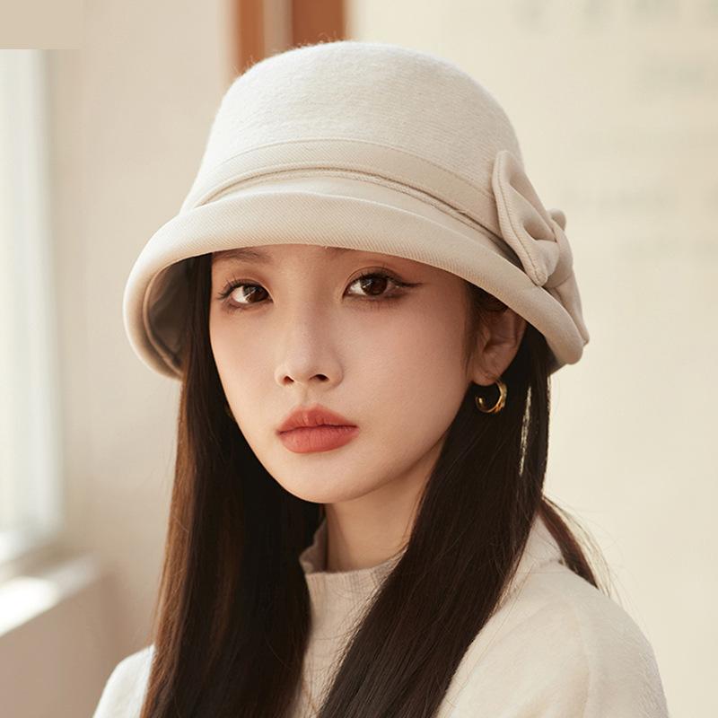 Pălărie Doamnă Toamnă și Iarnă Temperament Retro Pălărie Găleată cu Fundă Creponată