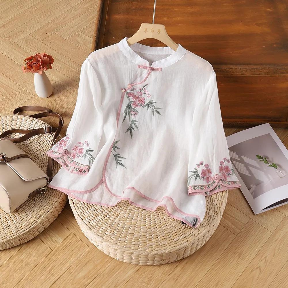 Summer New Retro Buckle Stand-up Collar Diagonal Placket Ethnic Style Embroidered Cotton and Linen Seven-quarter-sleeved Shirt Top Women