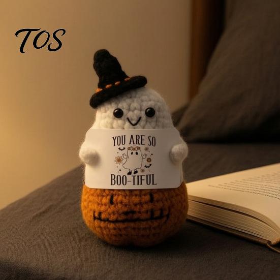 Whimsical Witch Hat Pumpkin Doll Hand Knitted Halloween Ghost Ornament, Crochet Plush with Adorable Holiday Party Favor Encouragement Card,