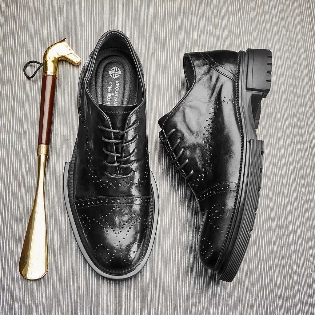 Men'S Shoes British Style Leather Casual Leather Shoes Round Head Breathable Business Shoes Black Fashion Lace-Up Shoes