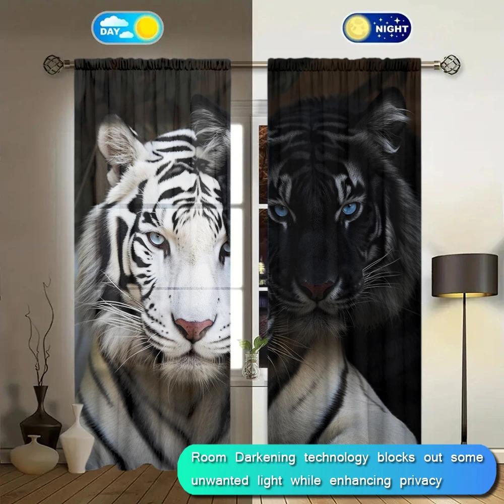 2pcs White Tiger Black Tiger Style Printed Curtain for Home Decor - Rod Pocket Window Treatment for Bedroom, Office and Kitchen