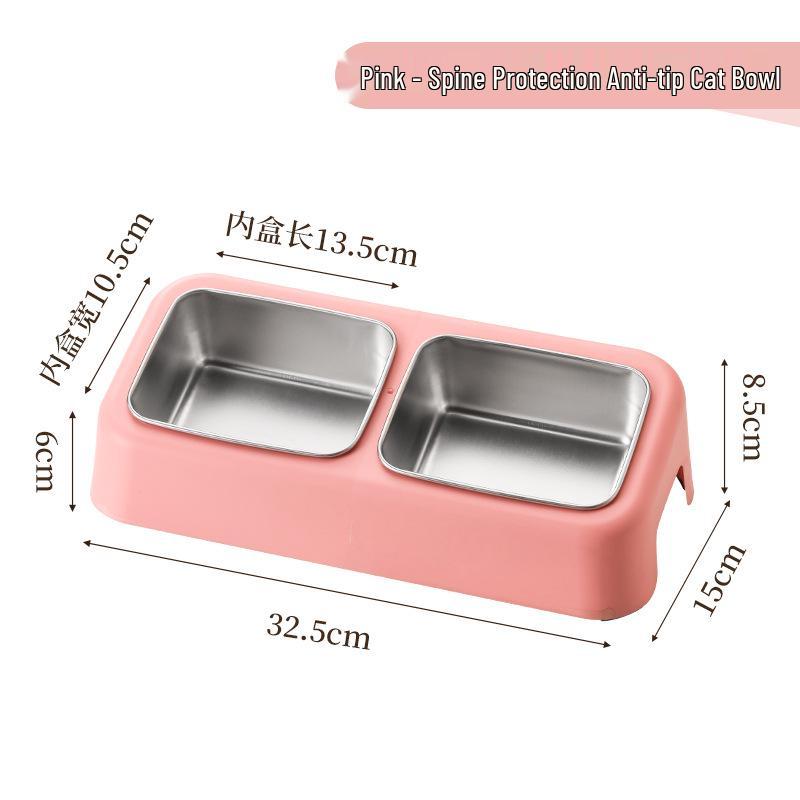 Slanted Double Cat Bowl - Anti-tip, Stainless Steel, Detachable, Washable, Anti-black Chin Cat Food and Water Bowl.