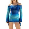 Women Mesh Long Sleeve Cover Up Bikini Set Three Piece Includes Sheer Off Shoulder Dress and Two Piece Swimsuit for Beach Pool Vacation