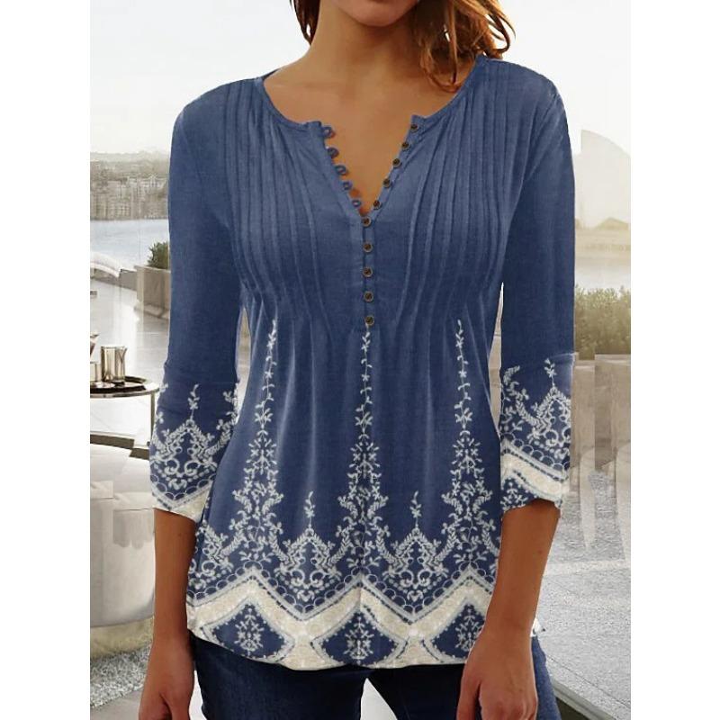 Spring and Summer Women's Blouse Fashion New Women's Floral Print V-neck Short-sleeved Pleated Buttons T-shirt