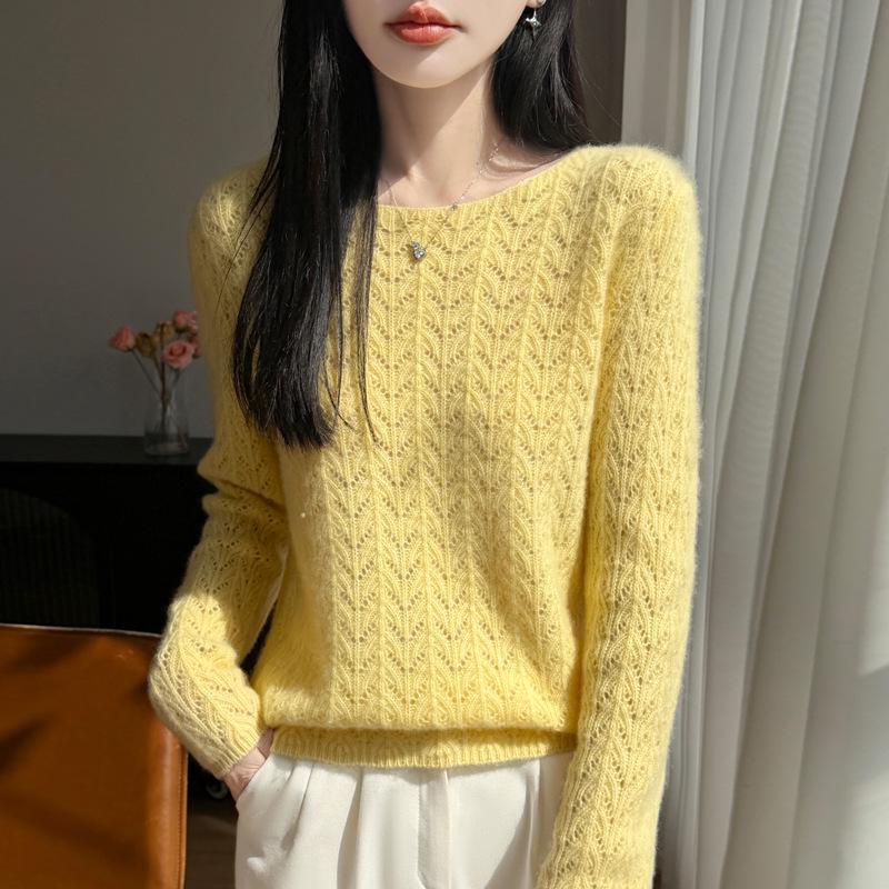 Peacock Tail Hollow Knit Sweater: Fine Wool, Skin-Friendly, Breathable, Solid Color, Lazy Style, Long Sleeve Base Layer