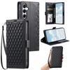 For Samsung Galaxy A17 Leather Case Rhombus Texture Wallet Stand Phone Cover with Wrist Strap