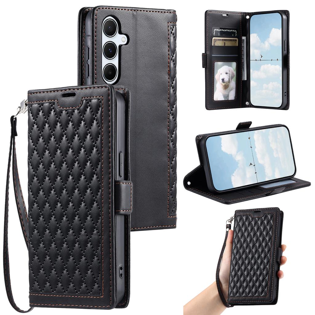 For Samsung Galaxy A17 Leather Case Rhombus Texture Wallet Stand Phone Cover with Wrist Strap