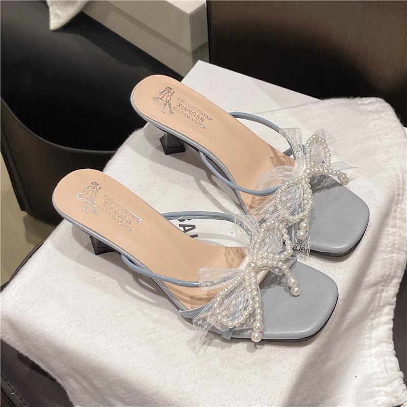 High-heeled slippers slim-heeled French retro half slippers 2025 new summer pearl bow one-pedal cool slippers