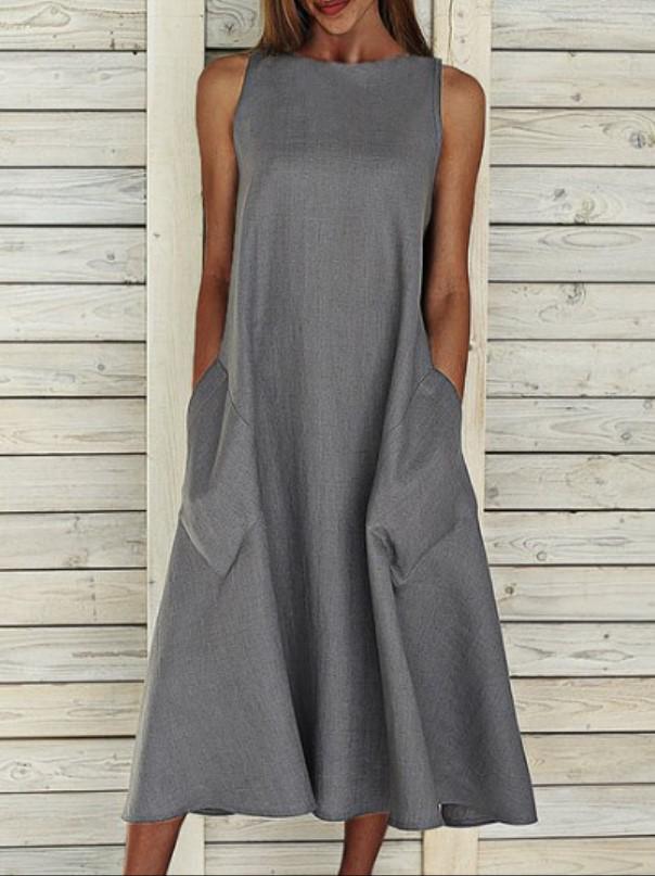 European & American Style Round Neck Sleeveless Double Pocket Long Dress (2022)