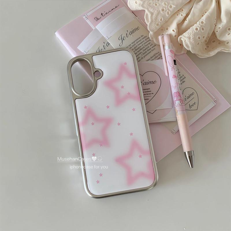 

INS Korean Early Pink Polka Dots Stars Phone Case For IPhone 16 15 14 13 12 11 Pro Max Plus Y2k Matte High-end Shockproof Cover For iPhone XR