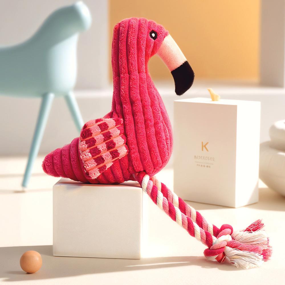 Dog Plush Toy - Flamingo Shape with Squeaker & Rope Knot, Durable Corduroy Chew Toy for Teeth Grinding