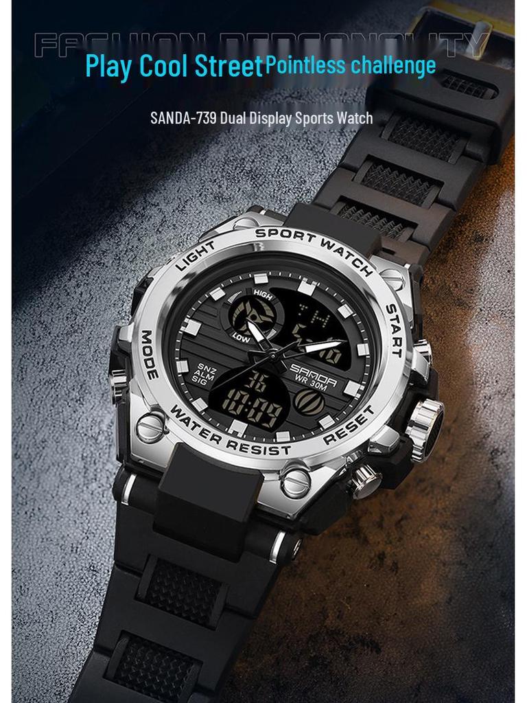Sanda Multifunctional Sports Watch for Teen Boys: Dual Display, Luminous, Waterproof, with Alarm