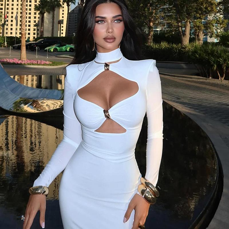 Women Hollow Out Solid Color Slim Fit Long Sleeve High Waist Bodycon Long Dress