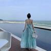 French temperament mint green neck suspender dress women's summer Sanya seaside vacation backless big swing dress