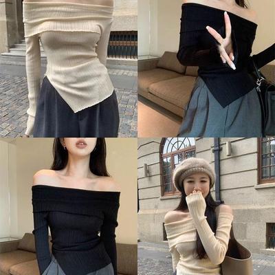 Suéter Tricotado Sexy de Um Ombro Só e Manga Comprida para Mulher - Ajustado, Bainha Irregular, Top Curto para Outono e Inverno
