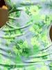 Women's Grey Green Floral Watercolor Print Sleeveless Bodycon Dress, High Waist Tight Fit Party and Clubwear
