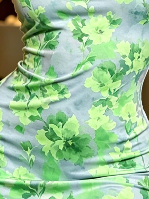 Women's Grey Green Floral Watercolor Print Sleeveless Bodycon Dress, High Waist Tight Fit Party and Clubwear