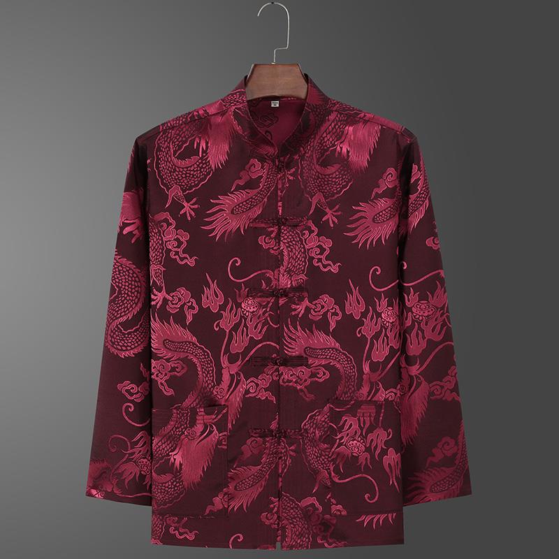 Ice Silk Tang Suit Long-Sleeved Shirt: Men's Chinese-Style Spring/Autumn Dress for Middle-Aged and Elderly
