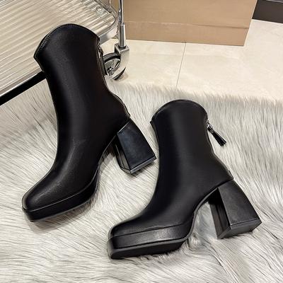 Neue heiße Mode Stiefeletten Damen Dicke High Heel Schuhe Britischer Stil Eckige Zehenpartie Reißverschluss hinten Moderne Kurze Stiefel Zapatos Mujer