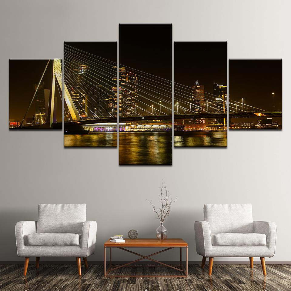 Canvas Painting City Night View and Bridge 5 Pieces Wall Art Painting Modular Wallpapers Poster Print for Living Room Home Decor
