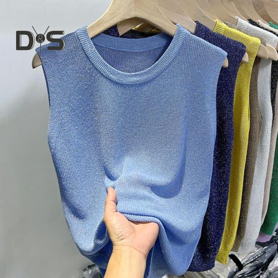 Women Vest Tops Round Neck Sleeveless Solid Color Loose Fit Ice Silk Tank Tops Breathable Versatile Vest