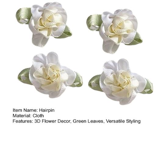 4Pcs Girl Hairpin Hand-Sewn Fabric Flowers Hair Clip with Green Leaves Side Clips Hair Accessories Spring Wear