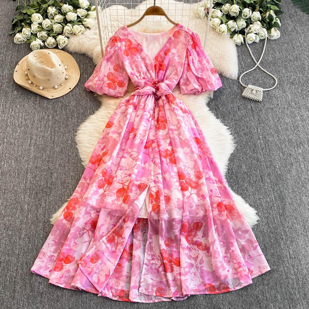 V-neck Puffed Sleeves Cinched Waist Dress Slimming Women's Dress Knee-length Slit Printed Dress