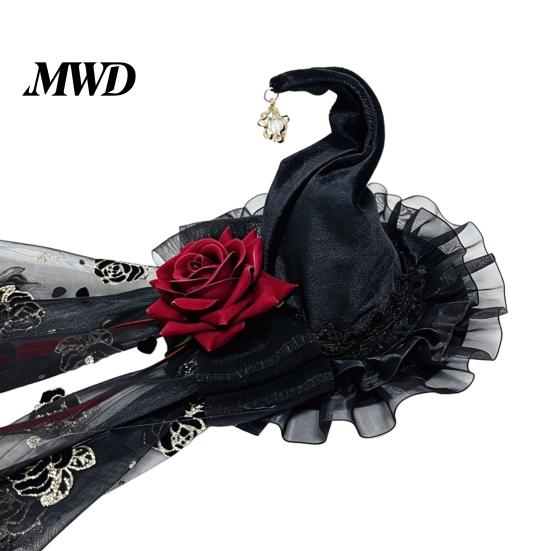 Halloween Costume Accessories Witch Hat with Rose for Women, Gothic Vintage Mini Wizard Spooky Party Decorations Headpiece Veil Costume, Dress