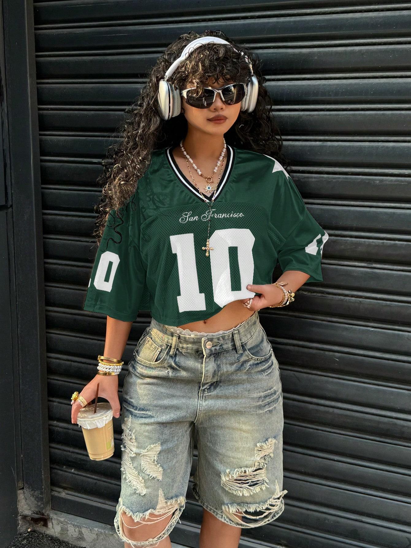 2025 Sommer Damen Y2K Mode Lässiges Sportshirt Amerikanisch Nein. 10 Jersey V-Ausschnitt Locker Lässig Atmungsaktiv Schnelltrocknend T-Shirt 5XL black