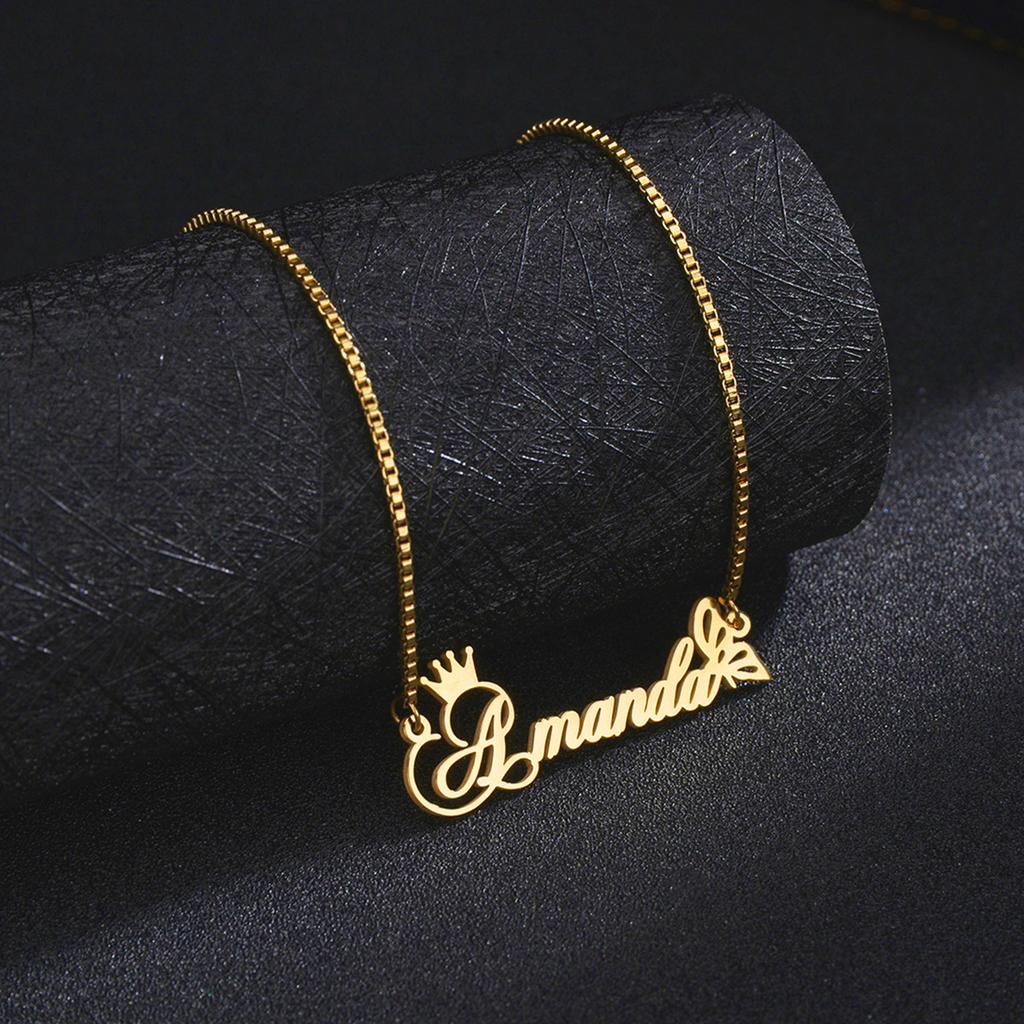 Atoztide Custom Name Necklace Crown Butterfly Stainless Stee Gold Color Nameplate Pendants Box Chain for Women Jewelry Gift