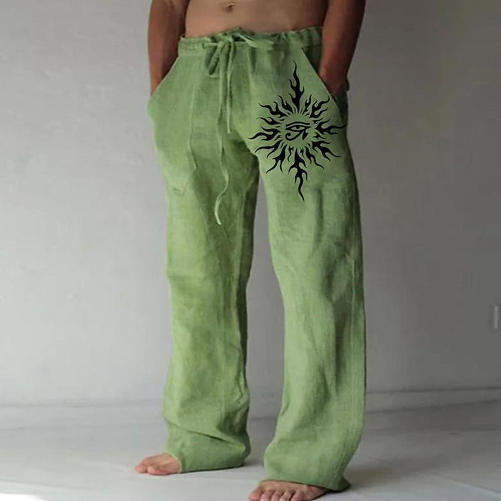 

Мужские свободные повседневные однотонные хлопковые льняные брюки с эластичным галстуком и принтом, прямые брюки S зелёный