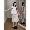 Girls Summer Floral High Waist Midi Skirt With Splicing Print For Casual Wear