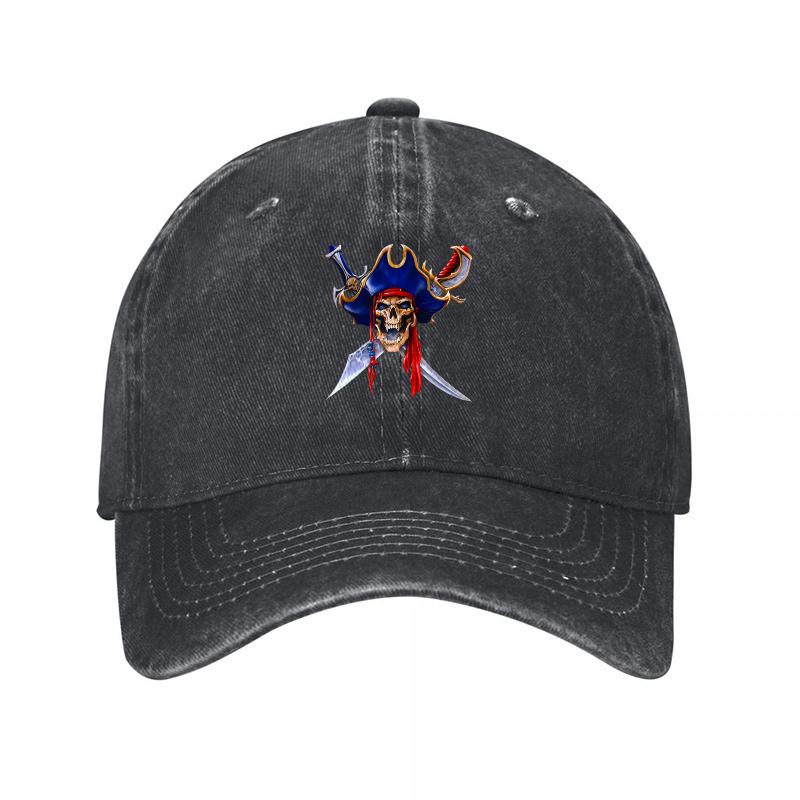 Pirate Skull and Swords Embroidered Washed Canvas Baseball Cap with Adjustable Fit for Adults