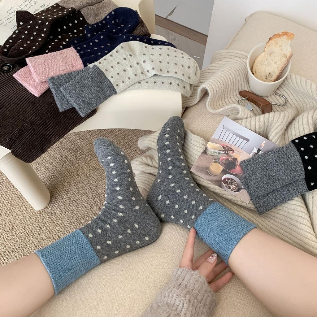 Vintage Socks Contrasting Color Stacked Socks Polka Dot Thickened Warm Mid-Tube Wool Small Color Blockage Women